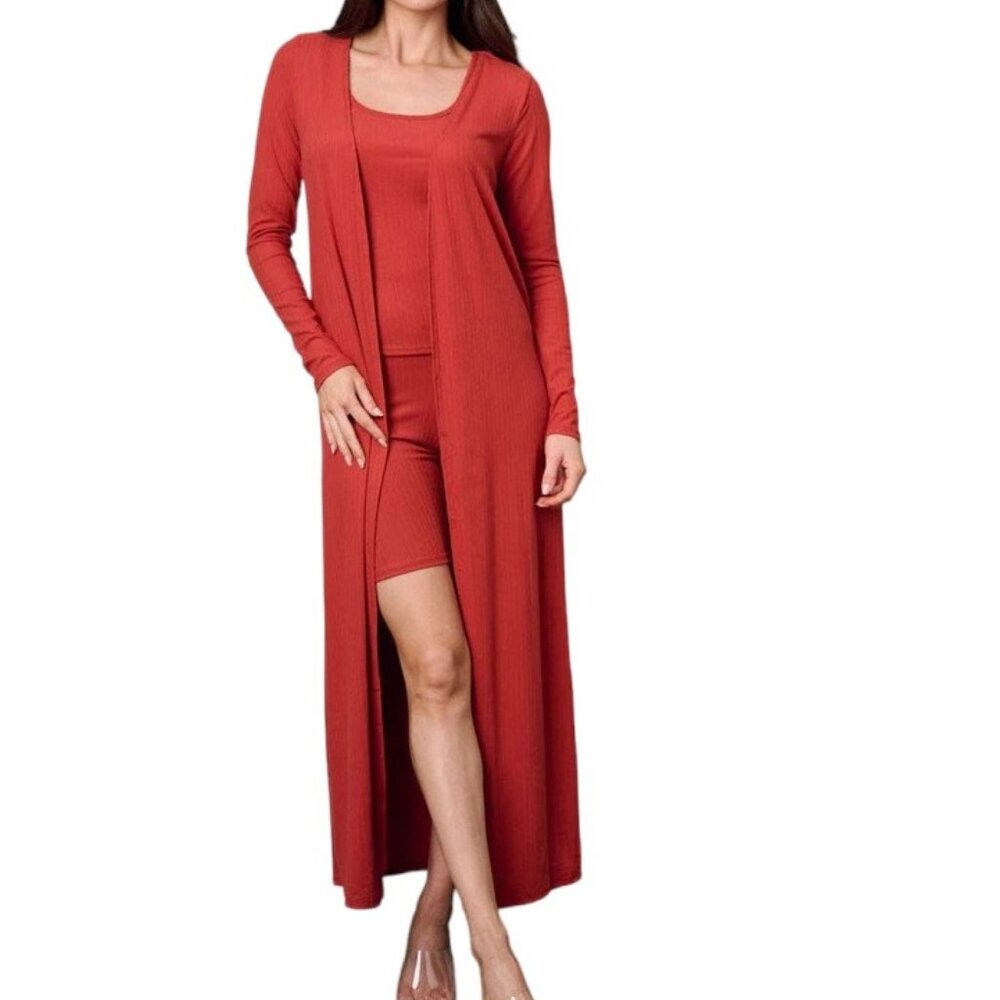 Long Sleeve Cardigan With Tank Top and High Waist Shorts, Rust, S, M, L
